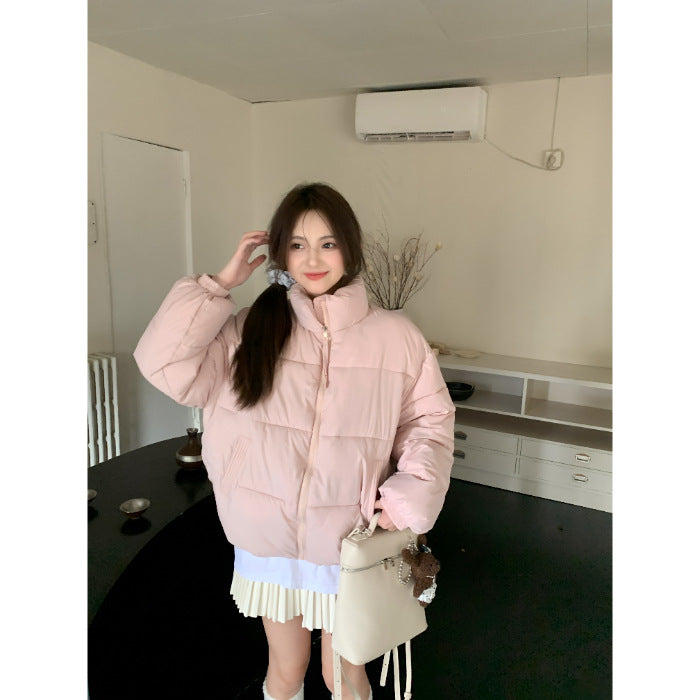 Cropped Stand Collar Puffer Jacket in pink