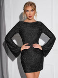 Sequin Bell Sleeve Mini Dress in black
