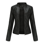 Faux Leather Stand Collar Biker Jacket in black