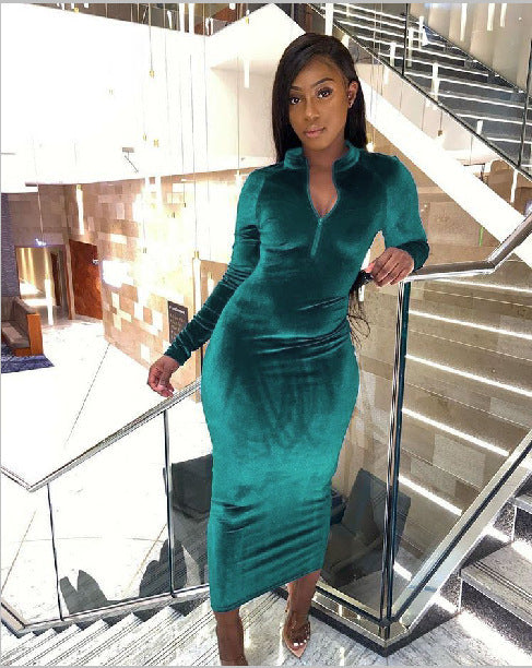 Velvet Collared Maxi Dress in green