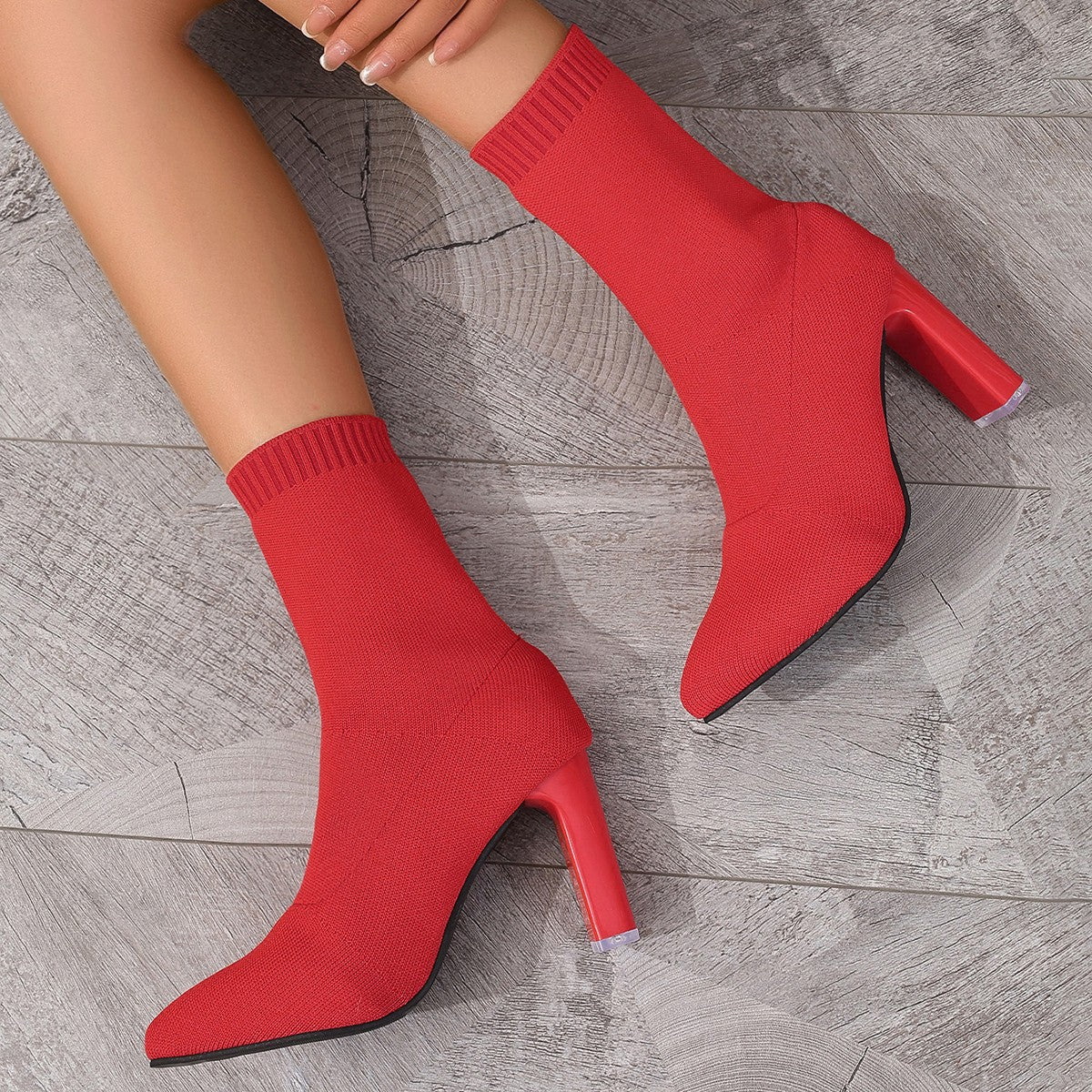Knitted Sock Ankle Boots in red