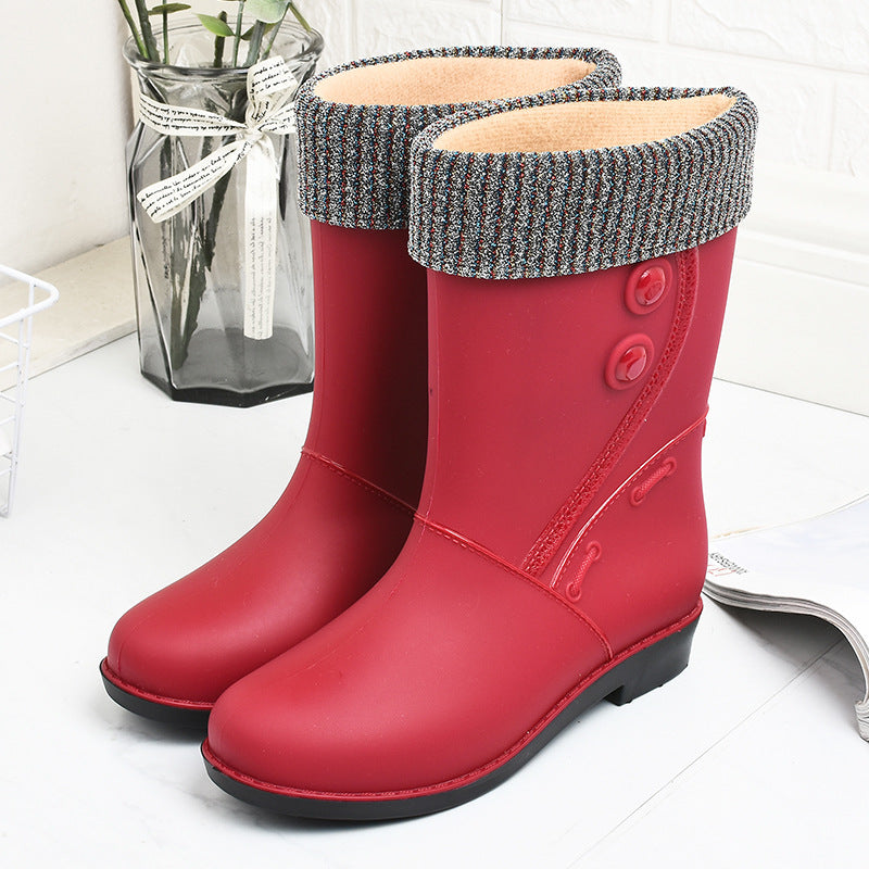 Velvet Lined Knee High Wellies in red