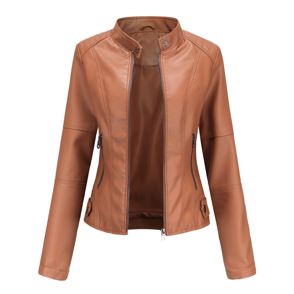 Faux Leather Stand Collar Biker Jacket in camel