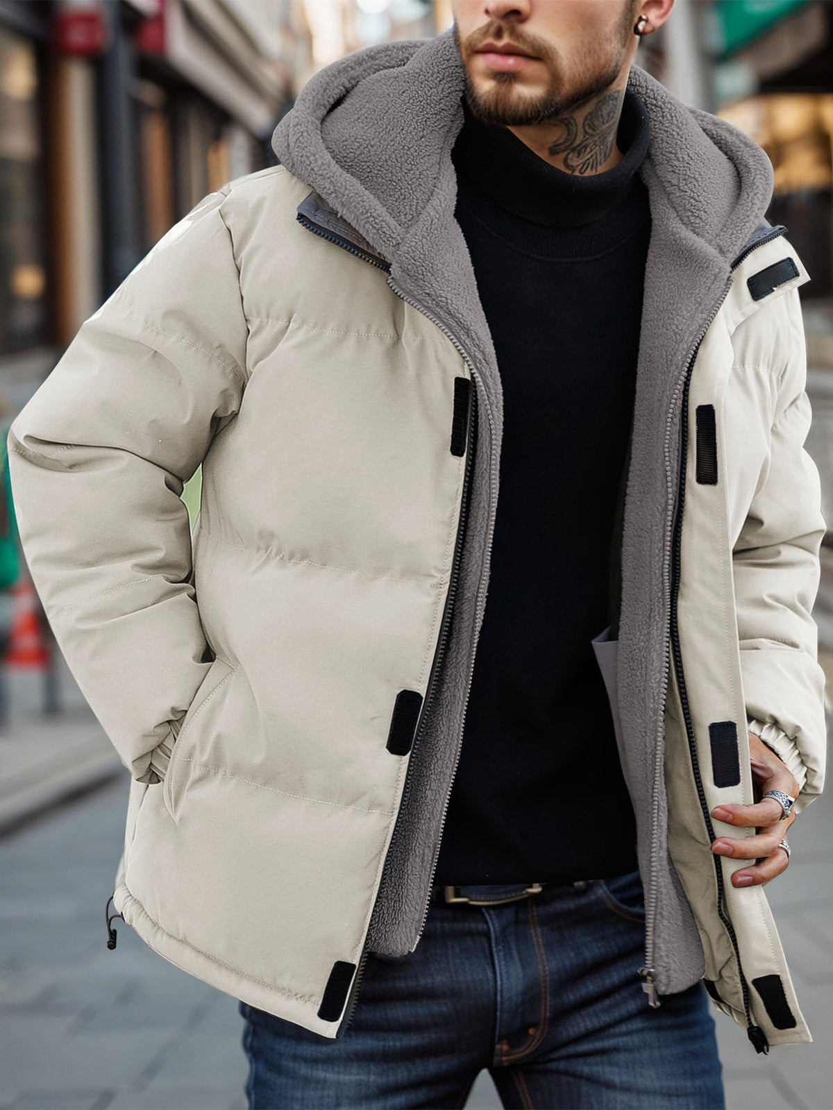 Thick Padded Ski Jacket in beige