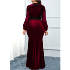 Velvet Puff Sleeve Maxi Dress in wine red