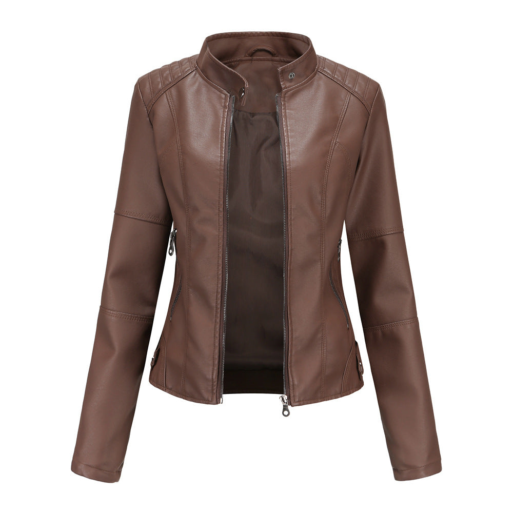 Faux Leather Stand Collar Biker Jacket in coffee