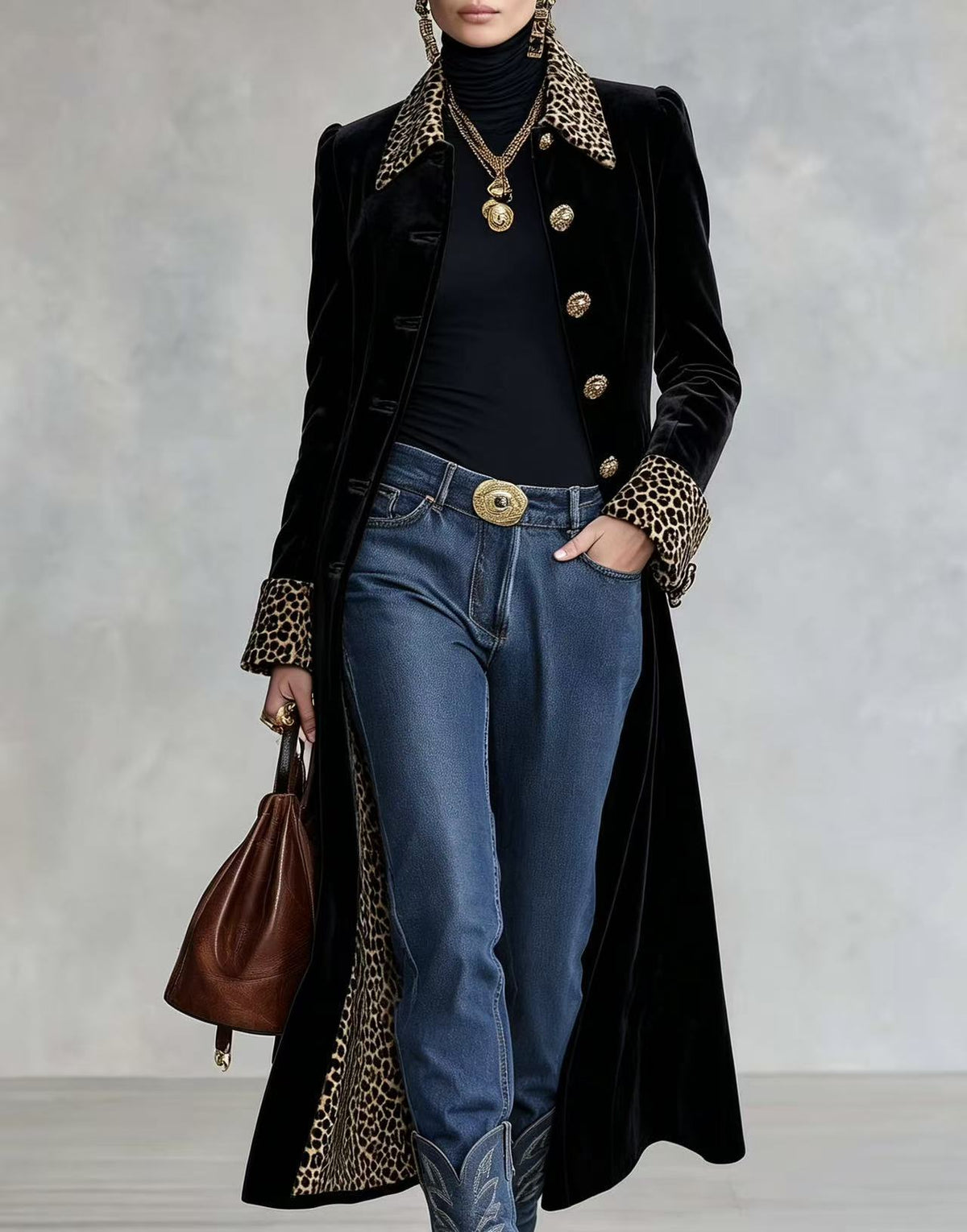 Velvet Trench Coat With Leopard Collar in black