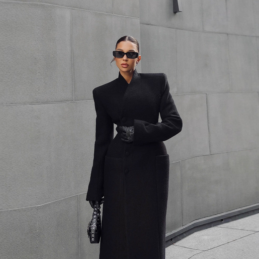 Padded Shoulder Maxi Coat in black