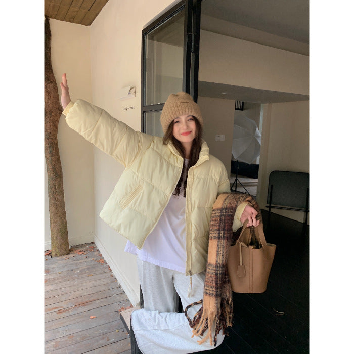 Cropped Stand Collar Puffer Jacket in light yellow