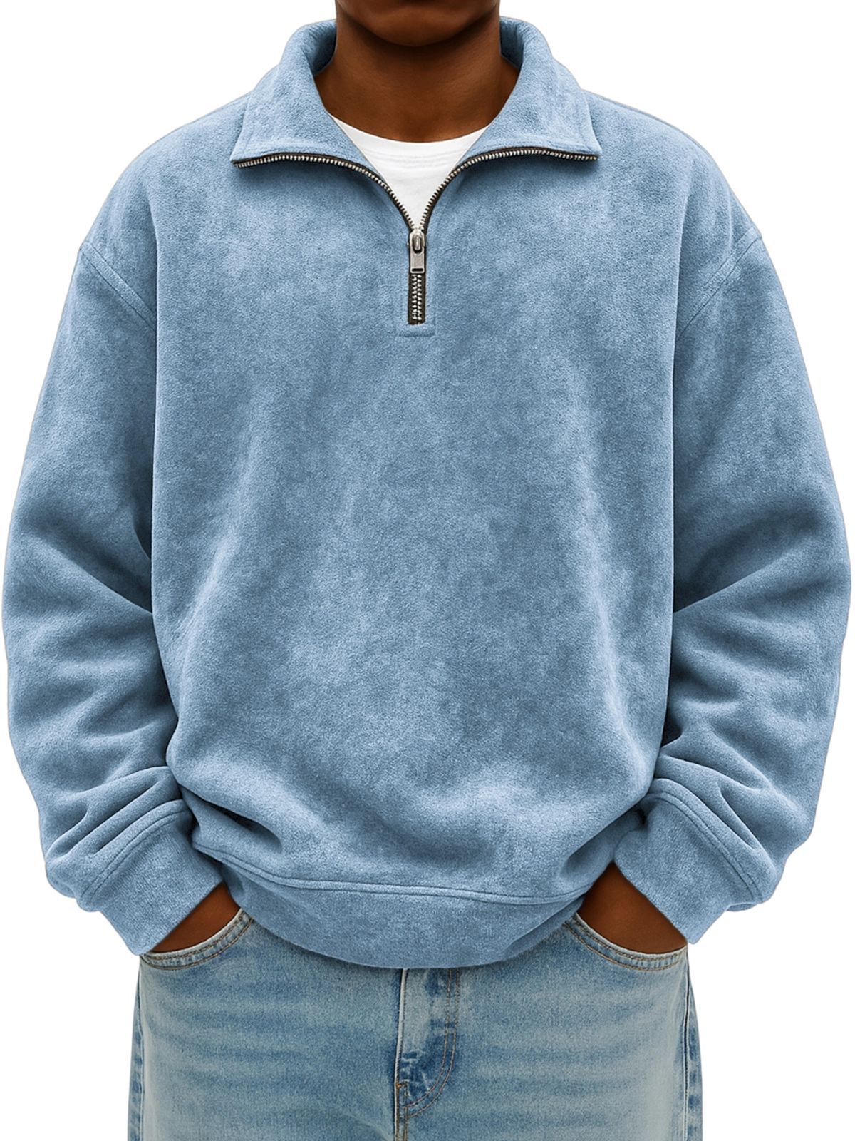 Half Zip Stand Collar Sweatshirt in light blue
