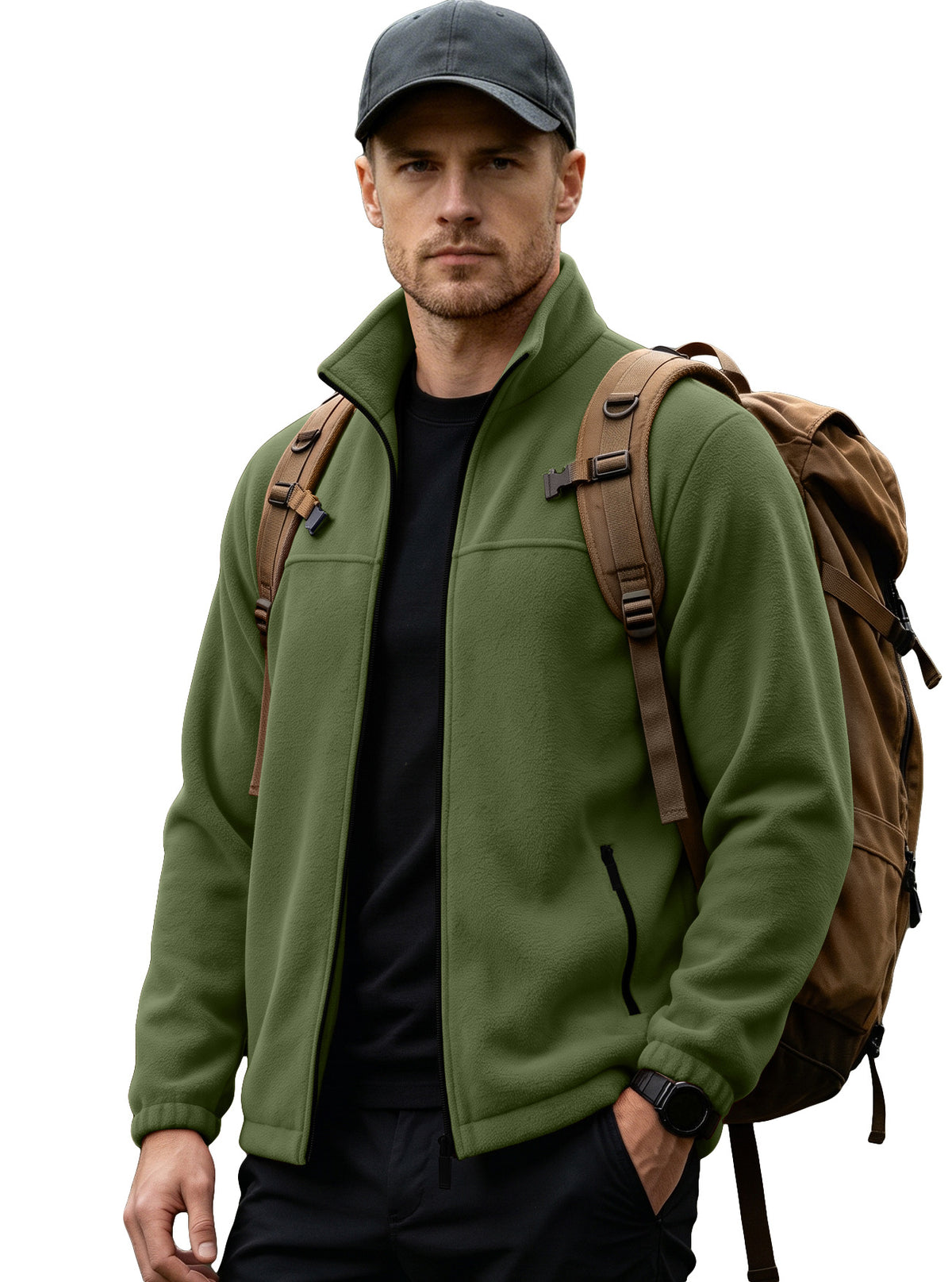 Stand Collar Fleece Jacket in army green