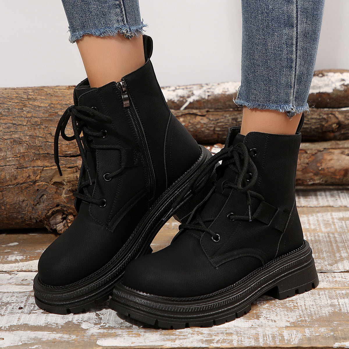 Lace-Up Block Heel Ankle Boots in black