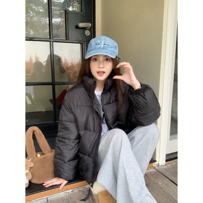 Cropped Stand Collar Puffer Jacket in black