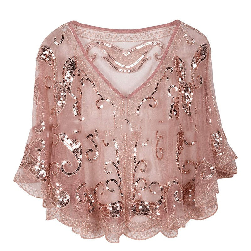 Sequin Embroidered Mesh Evening Cape in pink