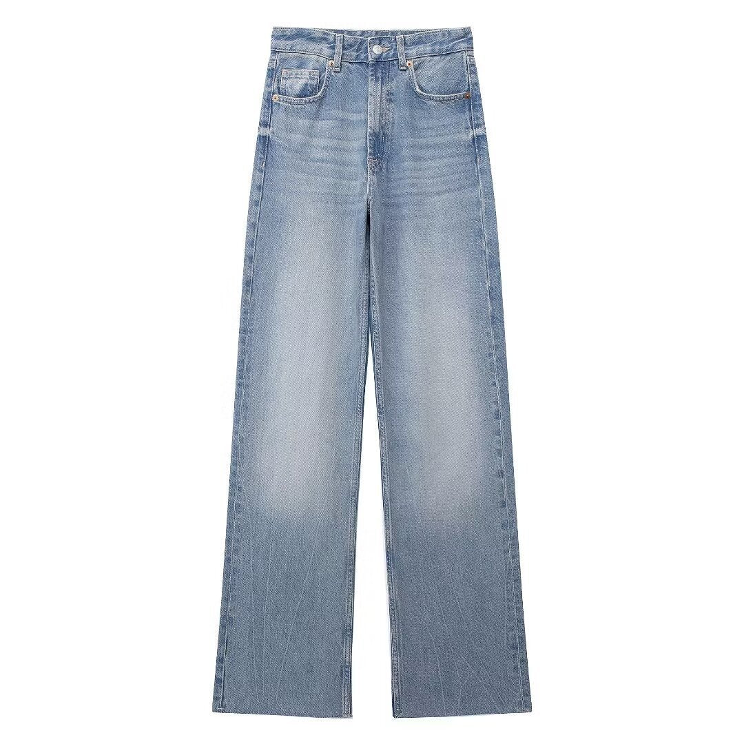 High Waist Straight Wide Leg Jeans in mid blue