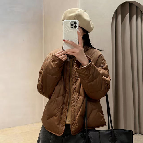Collarless Quilted Puffer Jacket in brown