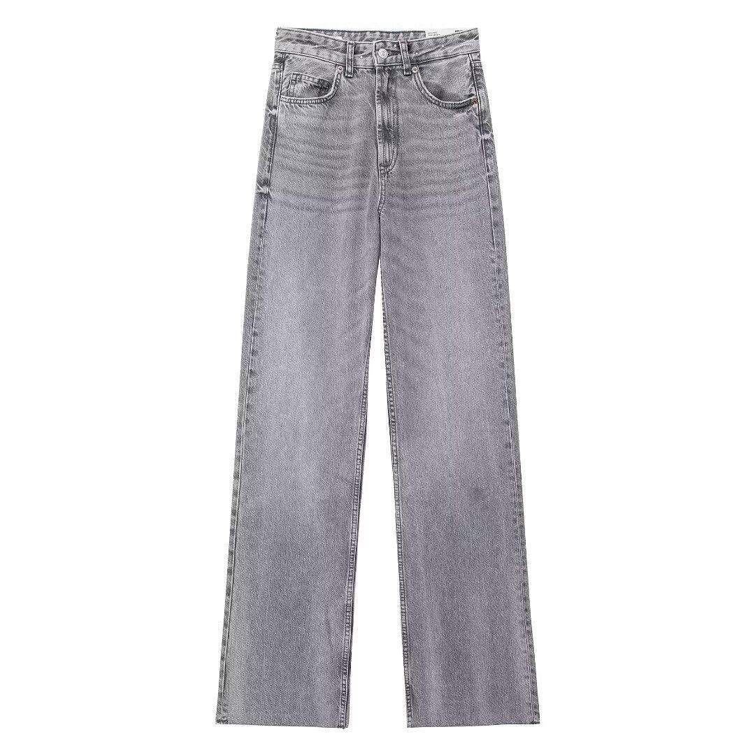 High Waist Straight Wide Leg Jeans in light grey