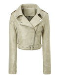 Belted Faux Leather Biker Jacket in beige