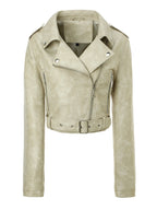 Belted Faux Leather Biker Jacket in beige