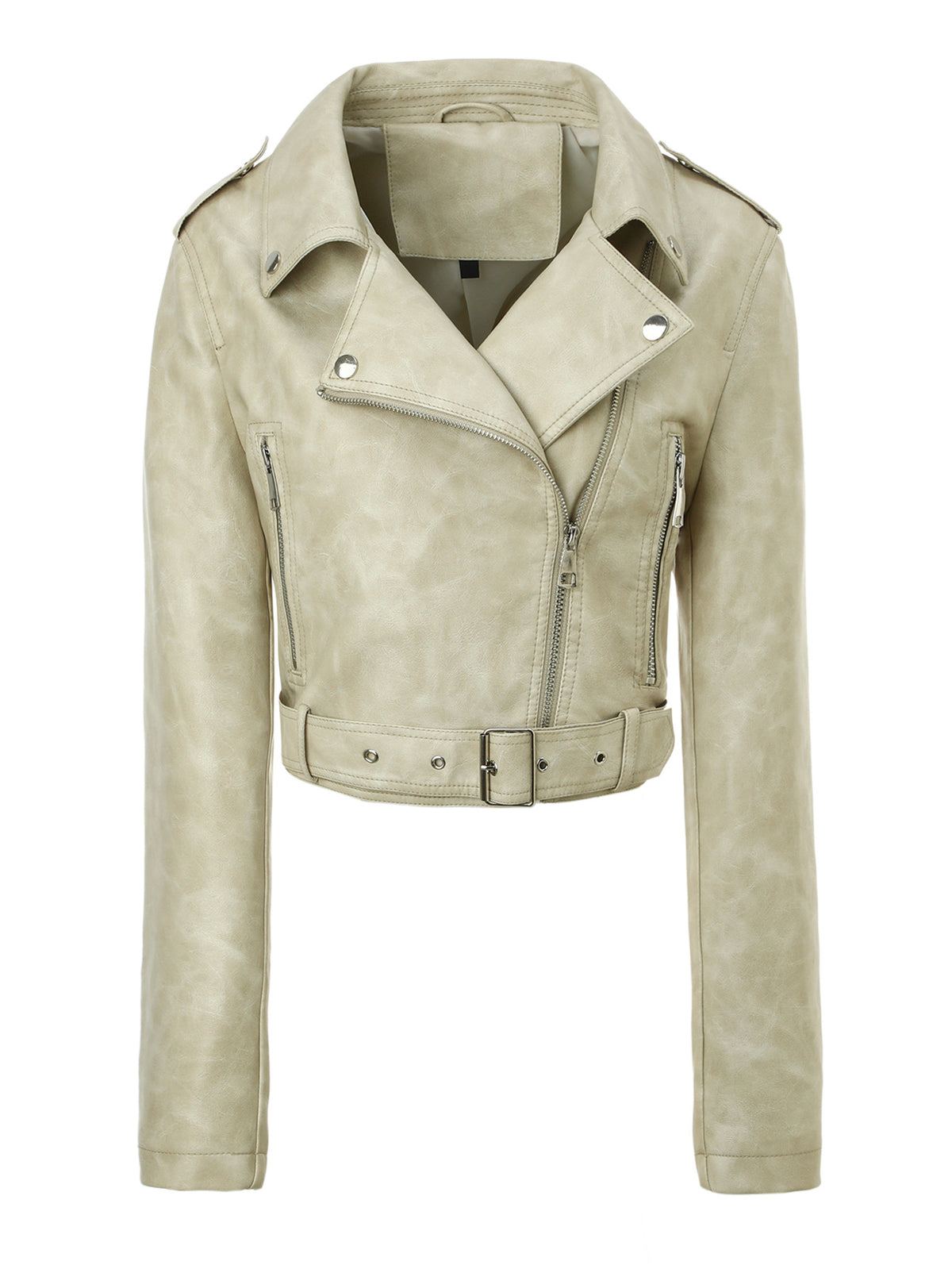 Belted Faux Leather Biker Jacket in beige