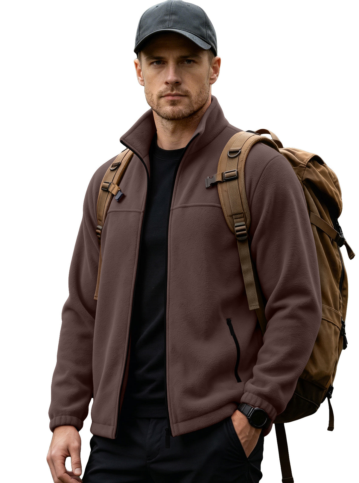 Stand Collar Fleece Jacket in coffee