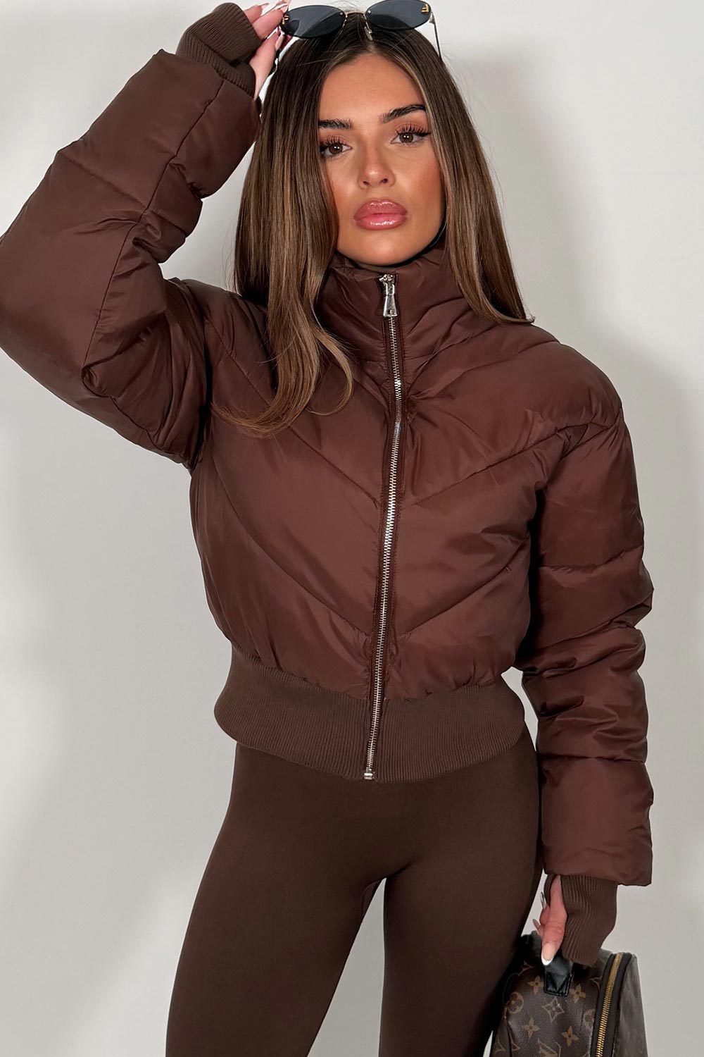 Short Puffer Jacket With Stand Collar in brown
