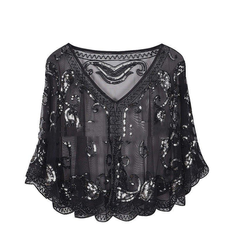 Sequin Embroidered Mesh Evening Cape in black