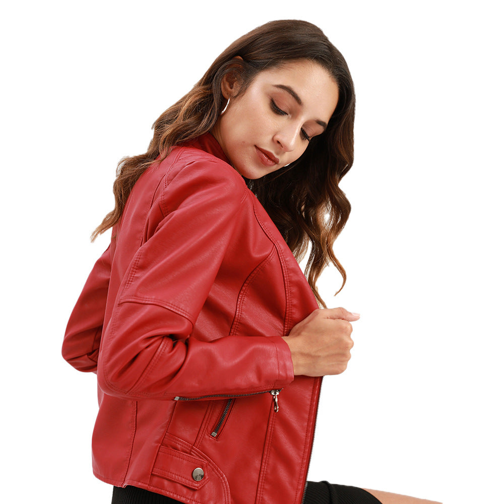 Faux Leather Stand Collar Biker Jacket, photo 4