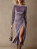 Velvet Ruched Puff Sleeve Midi Dress in lilac