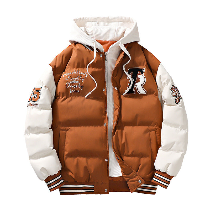 Varsity Puffer Jacket With Hood in camel