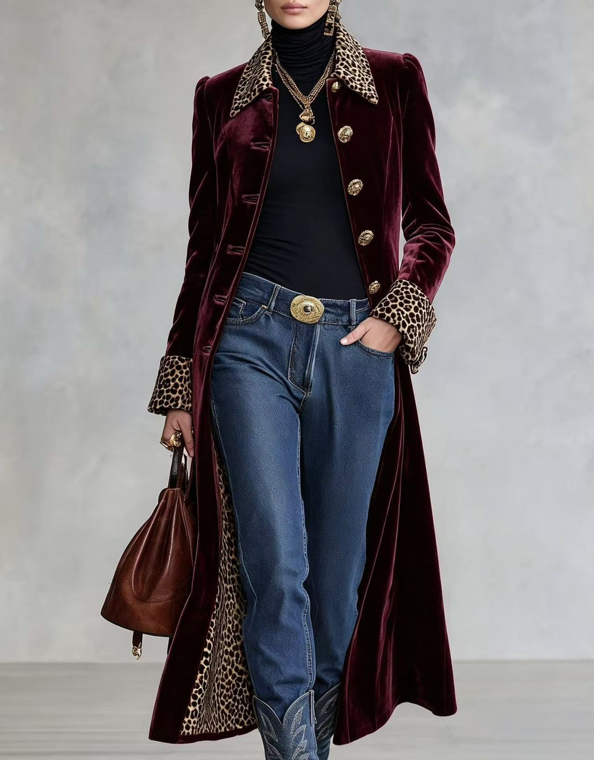 Velvet Trench Coat With Leopard Collar in wine red